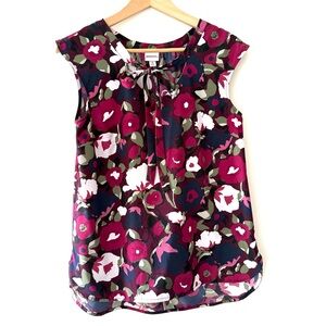 Merona Burgundy and Navy Floral Whimsigoth Tie-Front Sleeveless Blouse
